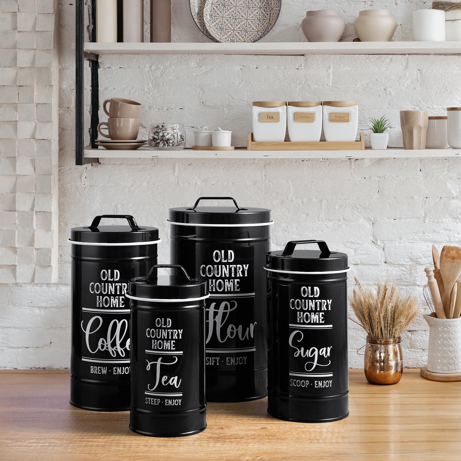 Black Airtight Kitchen Canisters Set of 4 - Flour, Sugar, Tea & Coffee Storage Containers for Countertop, Modern Black Kitchen Decor and Accessories for Baking and Organizing