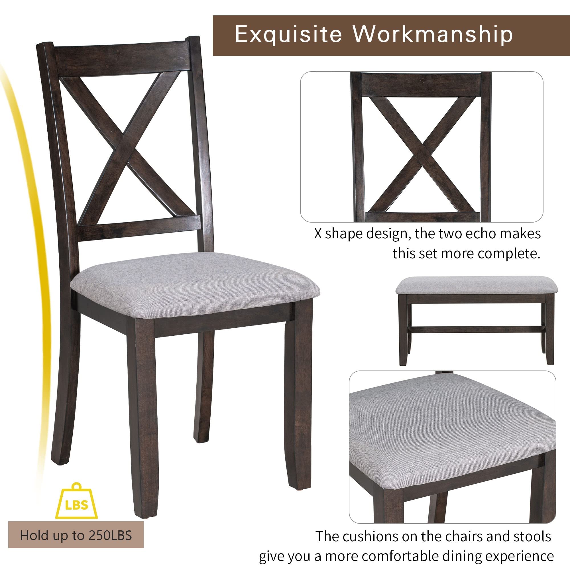 Harper & Bright Designs 6-Piece Rustic Dining Table Set - Wood Folding Dinette Table with 4 Upholstered Chairs & Bench, Espresso Finish - Perfect for Small Kitchen, Breakfast Nook or Apartment Dining Space (Seats 6)
