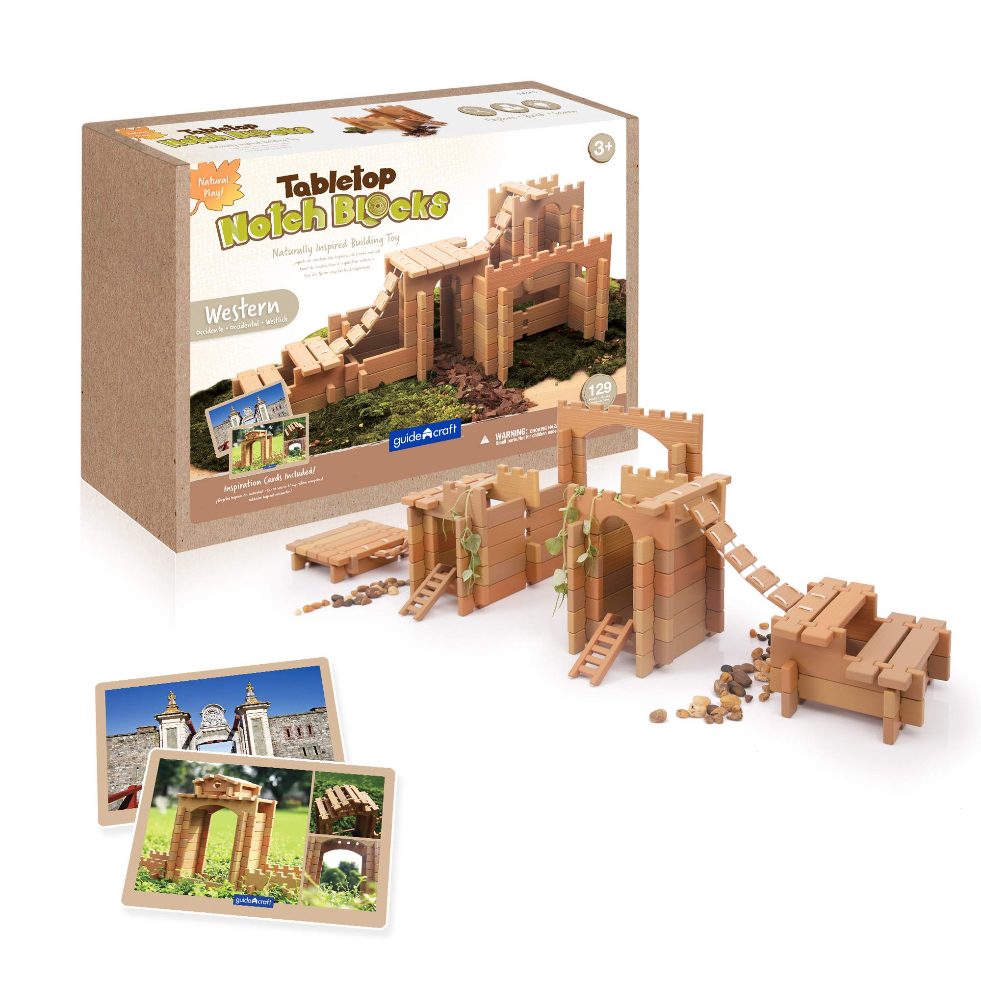 Guidecraft Tabletop Notch Blocks - 129 Piece Western-Themed Montessori Building Set with 10 Double-Sided Activity Cards, Ladders & Bridge Pieces | Natural Wooden Educational Toys for Kids | Perfect for Preschool Learning, Creative Play & STEM Development