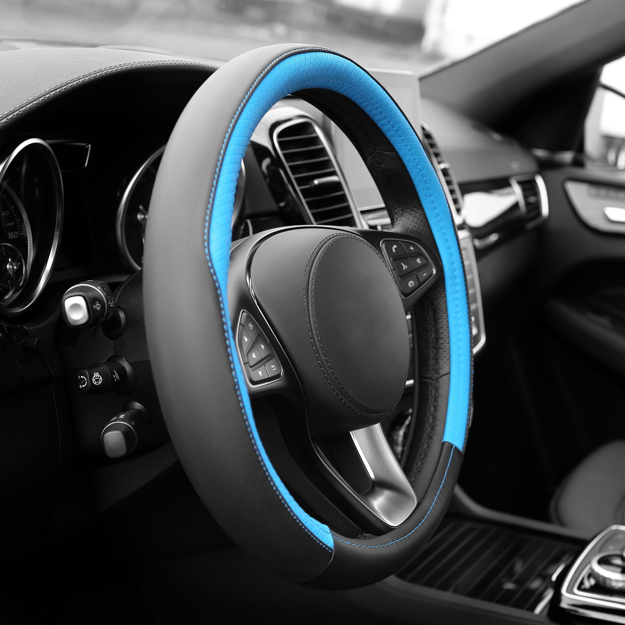 FH Group Geometric Chic Microfiber Leather Steering Wheel Cover - Universal Fit for Cars & SUVs (Blue) | Non-Slip Grip & Heat Protection for Comfortable Driving