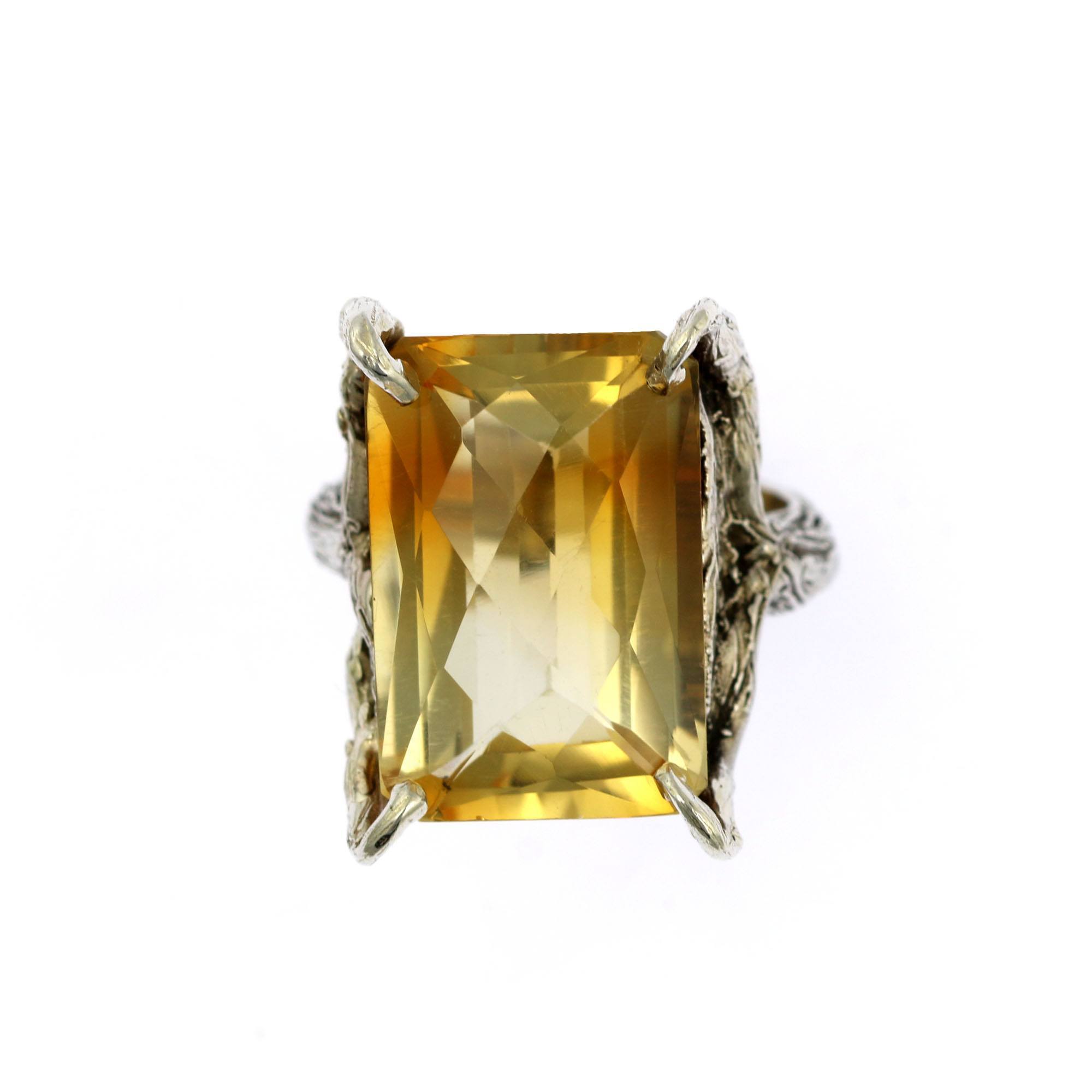 21.5 Carat Checkerboard Cut Citrine Sterling Silver Cocktail Ring - Elegant Statement Jewelry for Evening Parties & Special Occasions