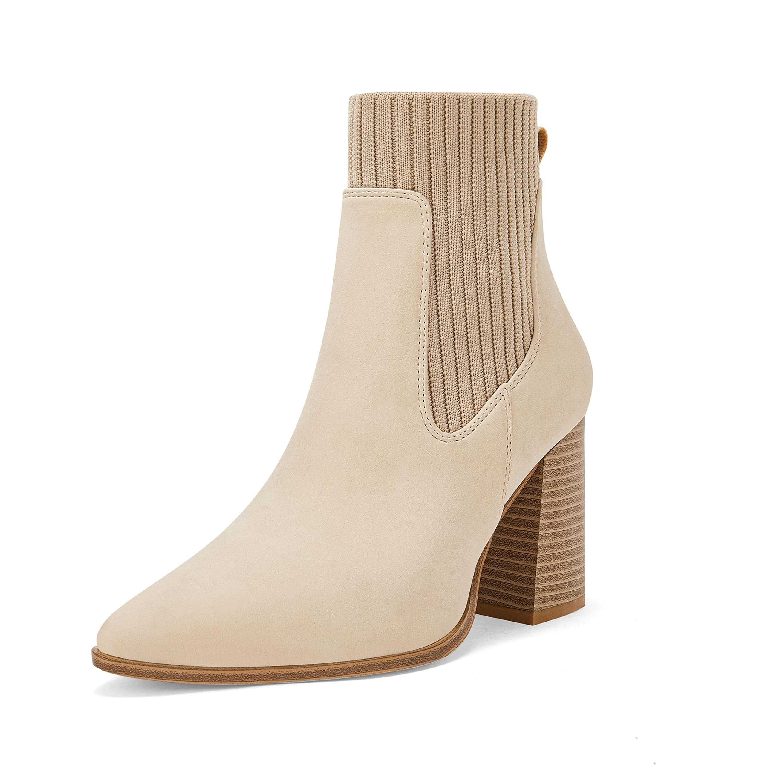 Coutgo Women's Chunky Heel Knit Chelsea Ankle Boots - Pointed Toe Winter Dress Booties for Office, Party & Casual Outfits