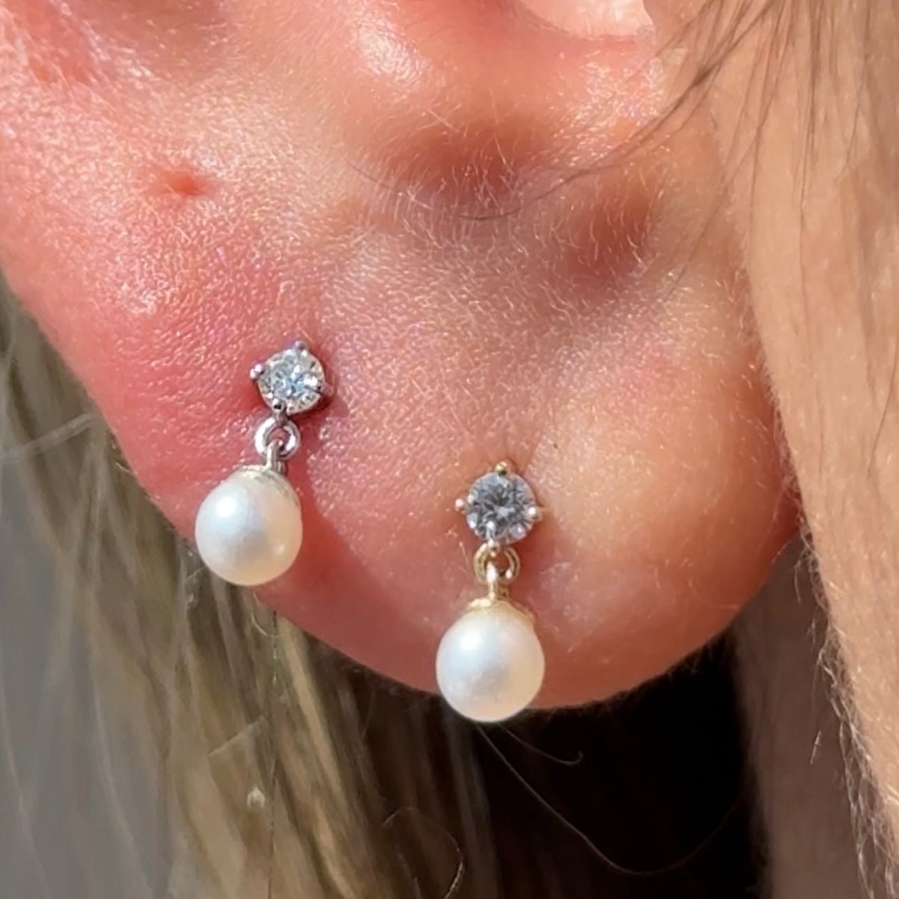 14k Solid Yellow Gold Diamond and Pearl Drop Earrings - Elegant Flat Back Studs for Women, Perfect for Weddings, Parties & Everyday Wear