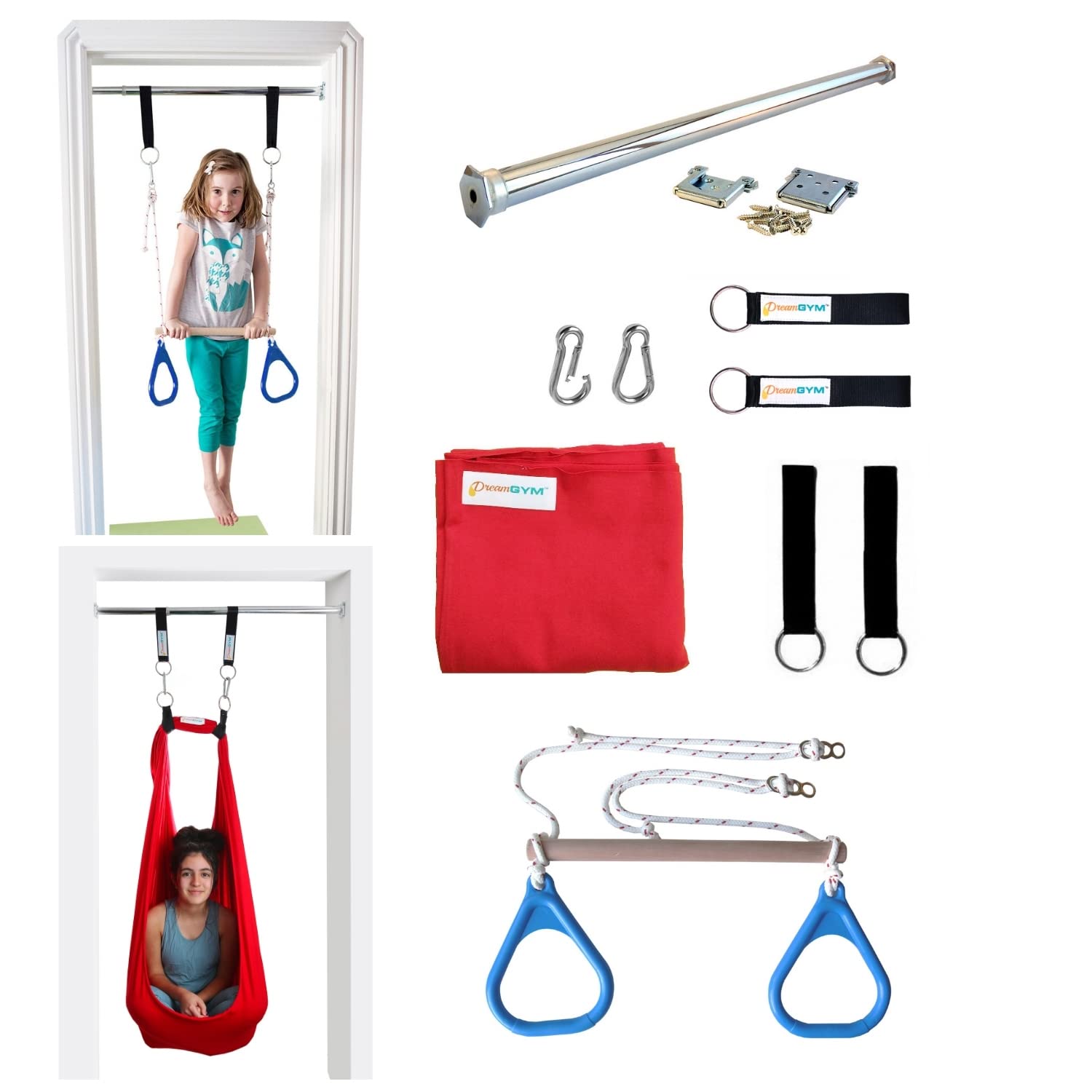 DreamGYM Doorway Sensory Swing Kit - Red Compression Swing & Trapeze Bar with Blue Gym Rings for Kids Indoor Play, Therapy, and Fitness Training - Perfect for Home, Classroom, and Occupational Therapy Use