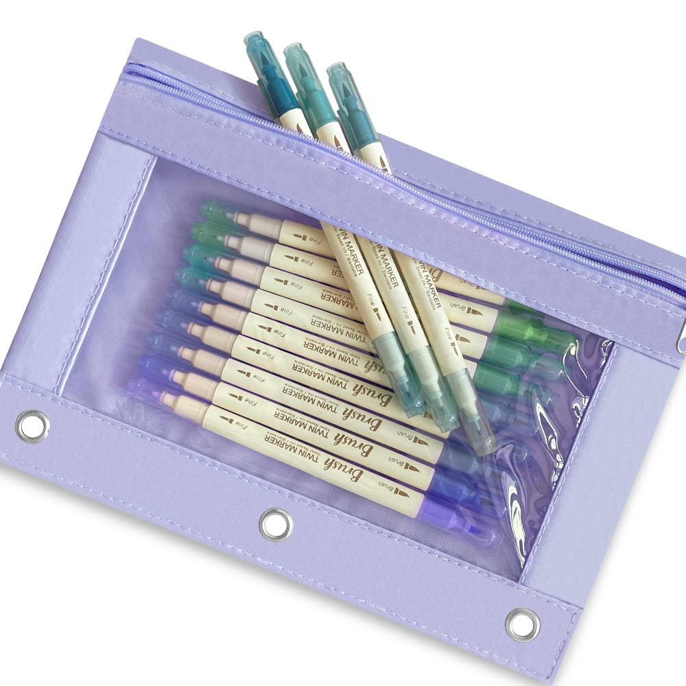 3-Pack Multi-Color Large Capacity 3-Ring Binder Pencil Pouch with Zipper Closure & Clear Window - Reinforced Grommets for School, Office & College Organization (Taro Purple)