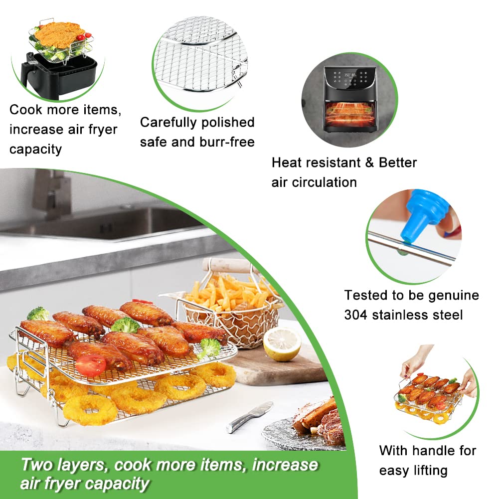 BYKITCHEN 2-Tier Square Air Fryer Rack - Compatible with Cosori XXL 5.5L, Instant Vortex Plus 8.5L, Tefal EasyFry 6.2L/6.5L & Gourmia Air Fryers - Durable Air Fryer Accessories for Cooking, Baking & Roasting - Perfect for Chicken Wings, French Fries & Vegetables