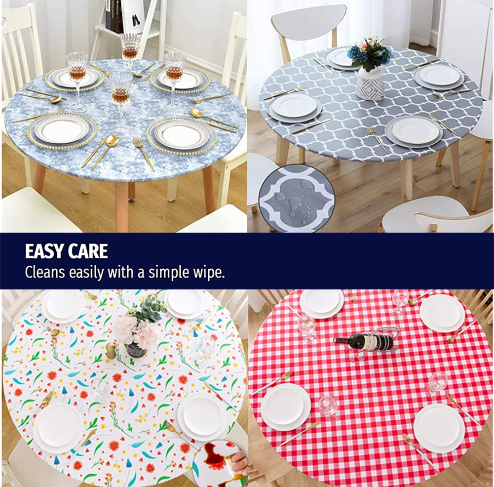 Washable Elastic Edged Round Tablecloth - 27 Inch Tight Fit Yellow Geometric Table Cover for Outdoor, Patio, Kitchen & Dining Room | Waterproof & Wipeable for Easy Cleaning | Perfect for Picnics, BBQs, and Family Gatherings