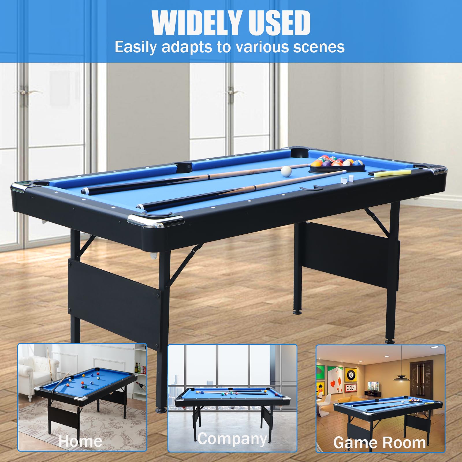 BOSTANA 5.5 ft Foldable Pool Table Set with Balls, Cues, Chalks & Brush - Portable Billiard Table for Home Game Room, Family Entertainment & Party Fun - Perfect for Adults & Kids Indoor/Outdoor Use
