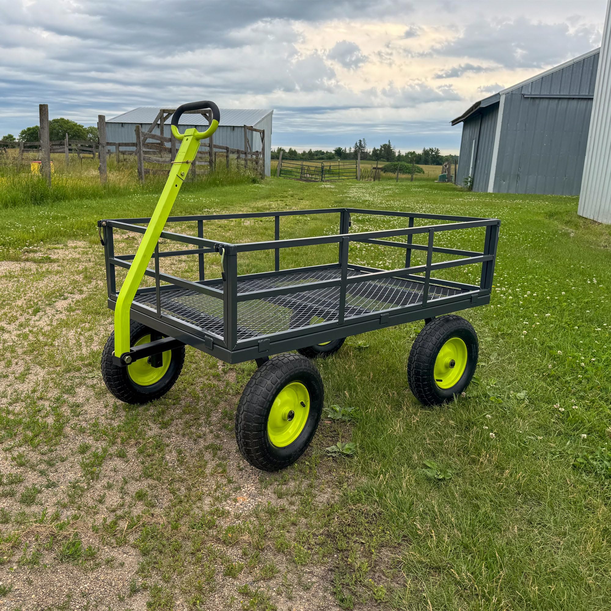 Yard Tuff Jumbo Wagon - Heavy Duty Steel Mesh Deck Utility Cart for Outdoor & Yard Work - 1400 lb Capacity with Large Stable Tires (34 x 52 Inch, Gray/Green) - Perfect for Gardening, Landscaping, Farm & Construction Use