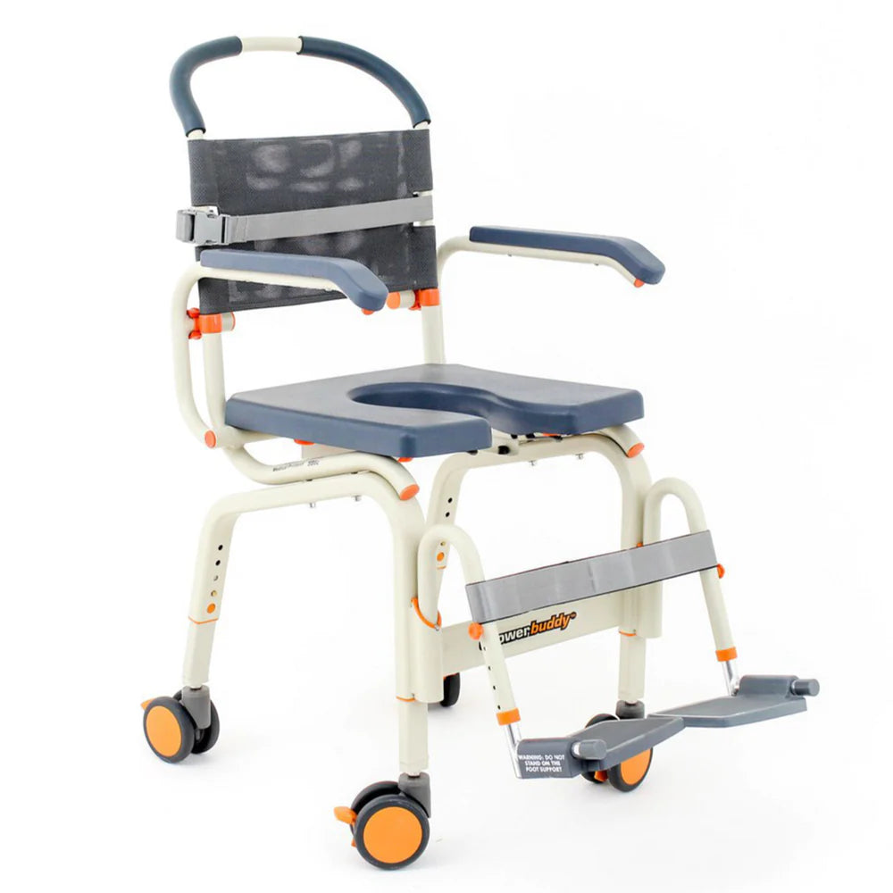 ShowerBuddy Roll In Buddy Lite Commode - Portable Shower Chair with Adjustable Arms & Backrest for Seniors & Disabled - Ideal for Bathroom Safety & Elderly Care