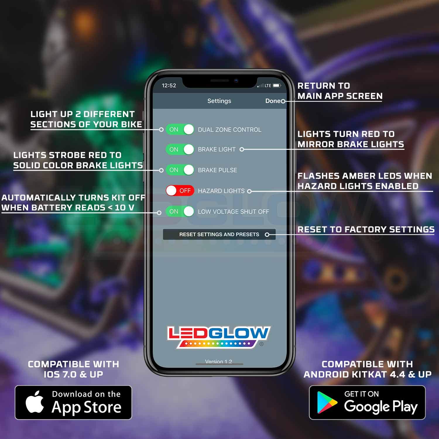 LEDGlow 26-Piece Bluetooth Motorcycle LED Lighting Kit - 16 Million Colors, Smartphone App Control, Dual Zone & Brake Light Effects, Waterproof - Perfect for Night Rides & Custom Bike Shows