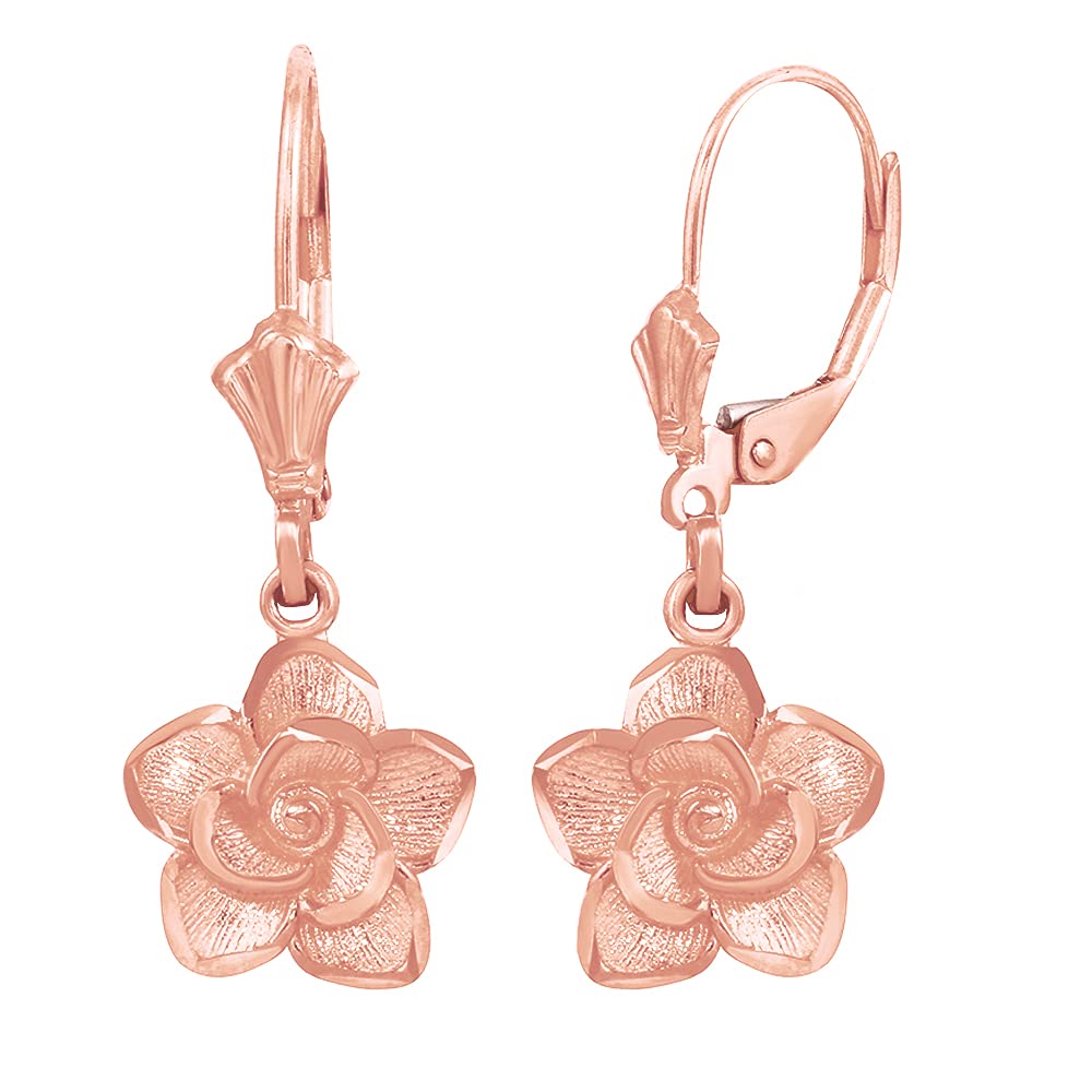 14K Rose, White, or Yellow Gold Rose Flower Leverback Earrings - Certified Solid Gold Dainty Floral Jewelry for Women, Gift for Her, Valentine's Day, Anniversary, Wedding, Party & Special Occasions