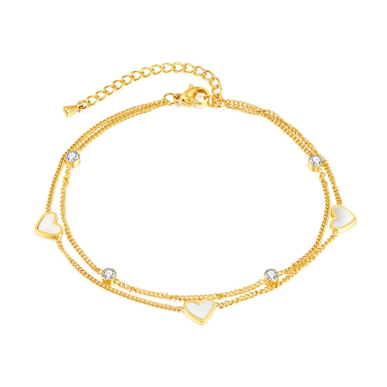 TOEECY Gold Plated Ankle Bracelet for Women - Adjustable Layered Heart Pendant Beaded Foot Chain, Waterproof Summer Anklet Jewelry for Beach, Party & Everyday Wear