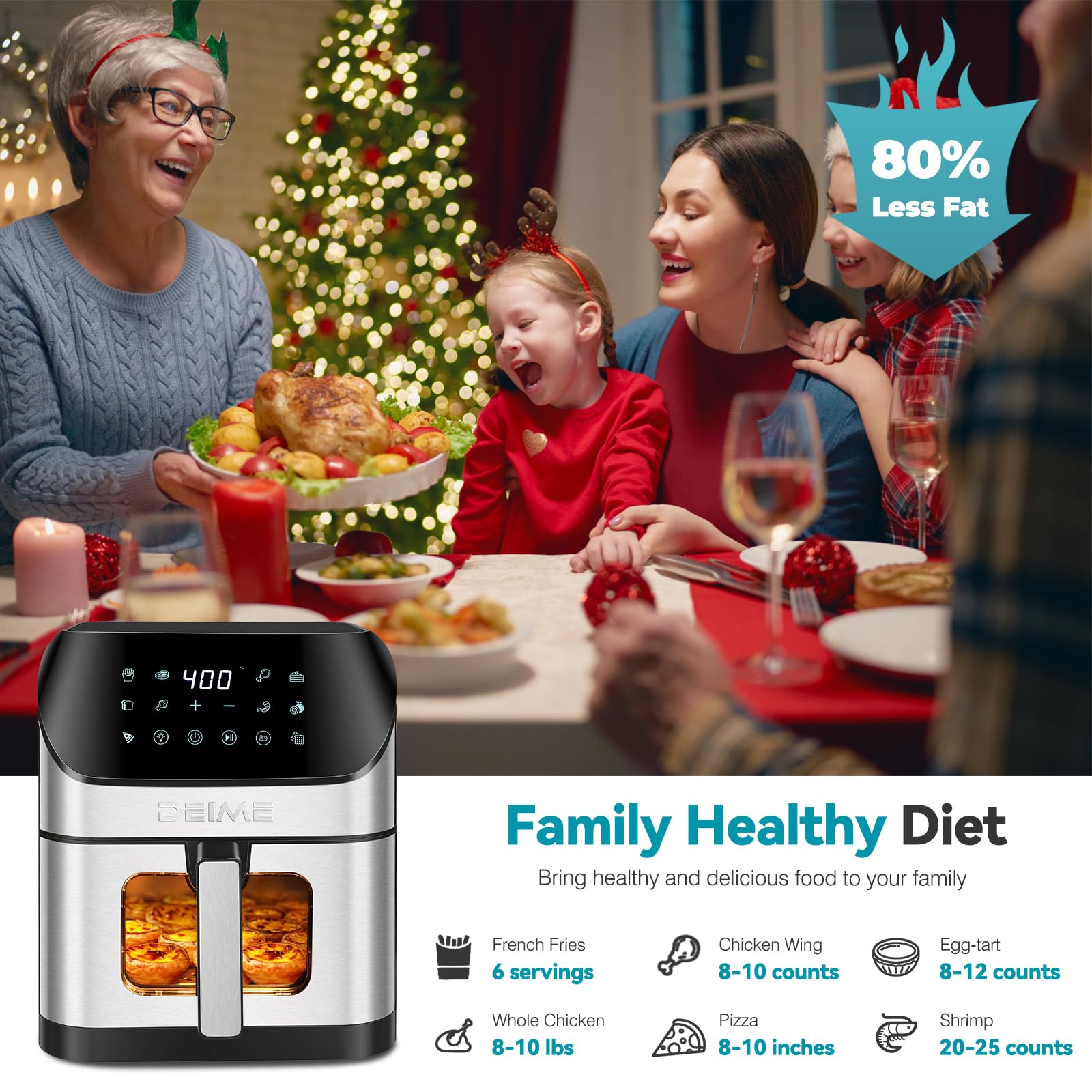 DEIME 6.2 QT 1500W Large Capacity Air Fryer Oven - Oil Free Healthy Cooker with 10 Presets, See-Through Window & Nonstick Basket (Includes Recipes) - Perfect for Crispy Fries, Chicken Wings & Family Meals