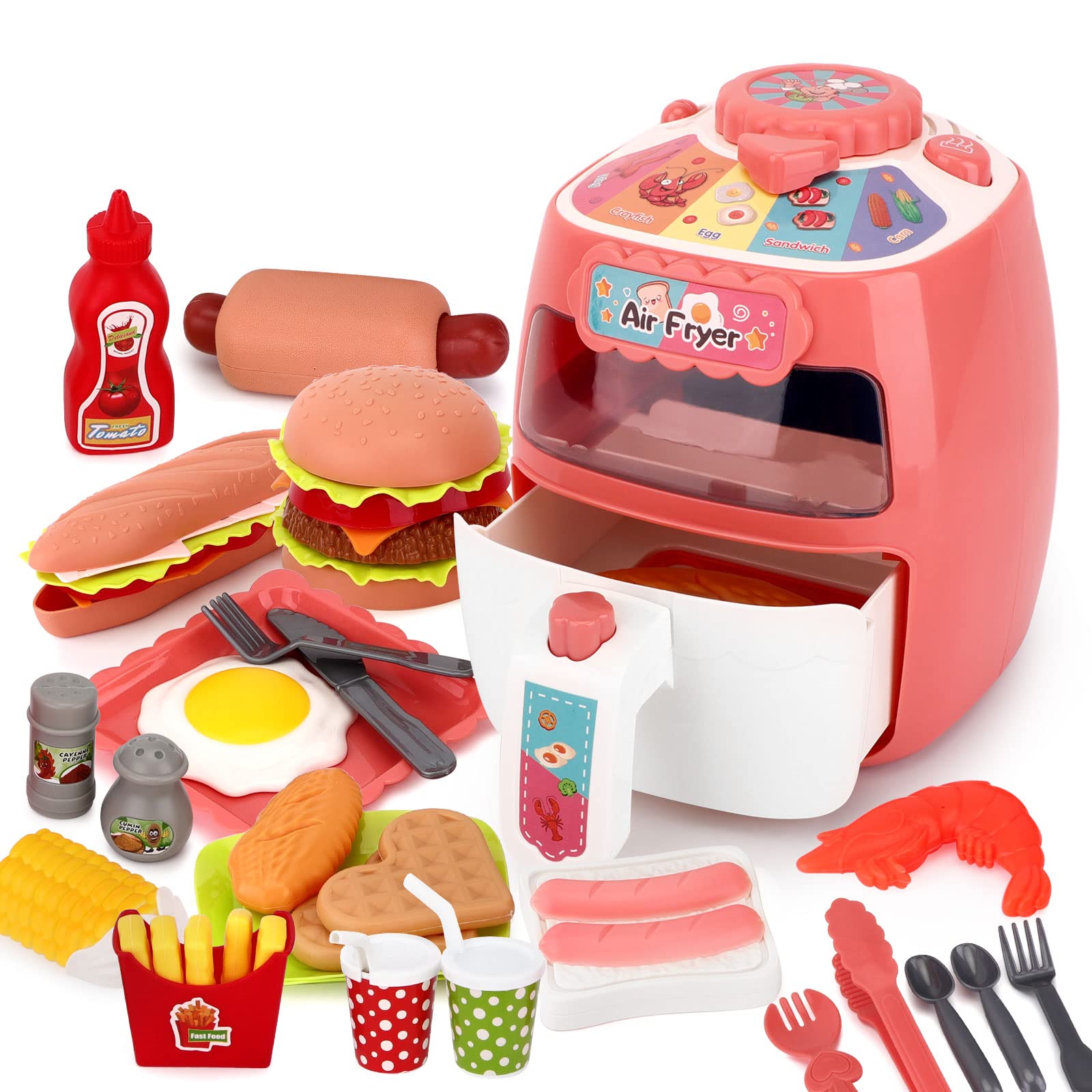 Kids Toy Air Fryer Play Kitchen Set with Hamburger, Fries, Cola & Fried Chicken - Pretend Cookware & Kitchen Playset Accessories for Toddlers & Children Ages 3-8 - Perfect for Imaginative Play, Role-Playing & Early Learning Development