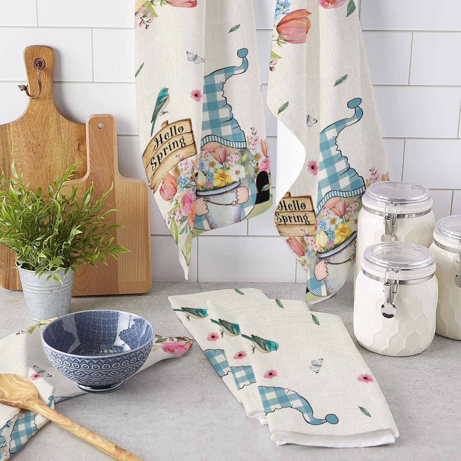 **Floral Gnomes Cotton Kitchen Towels Set of 2 - 18x28 Inch Absorbent Reusable Dishcloths for Kitchen, Bar & Hand Drying - Spring Linen Grain Design for Dishwashing, Tea Towels & Cleaning**    *(Perfect for Everyday Kitchen Use, Dish Drying, Bar Cleaning & Hand Towel Needs)*