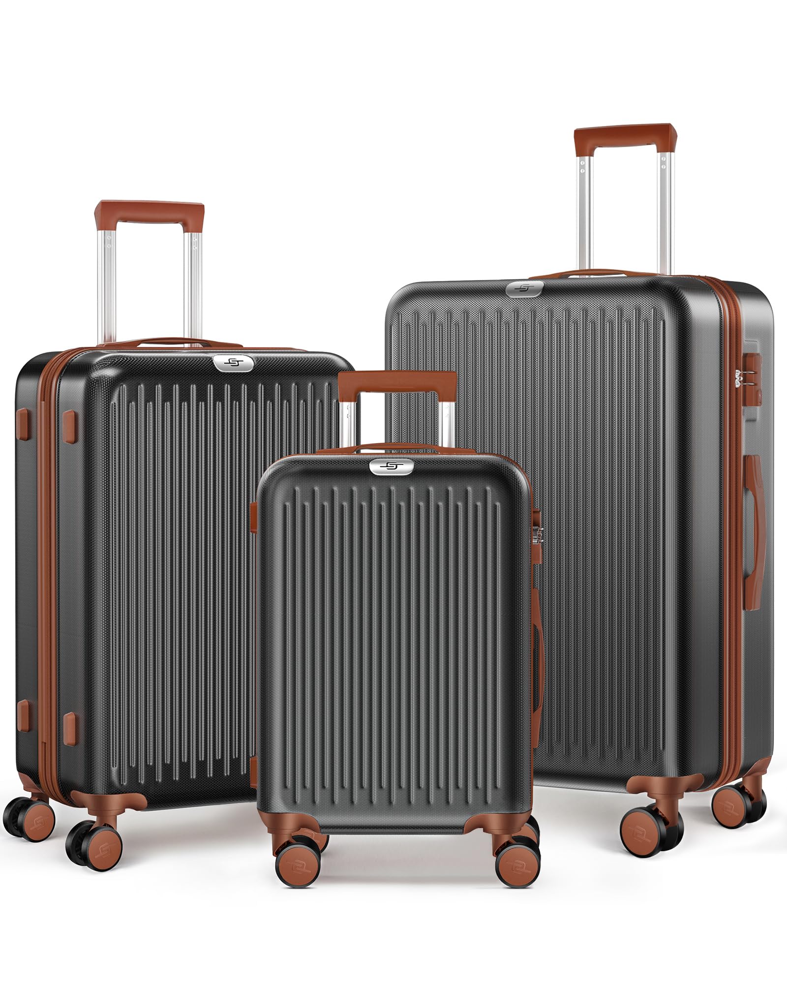 3 Piece Expandable Hardshell Luggage Set with Double Spinner Wheels & TSA Lock - Black/Brown - Perfect for International Travel & Family Vacations