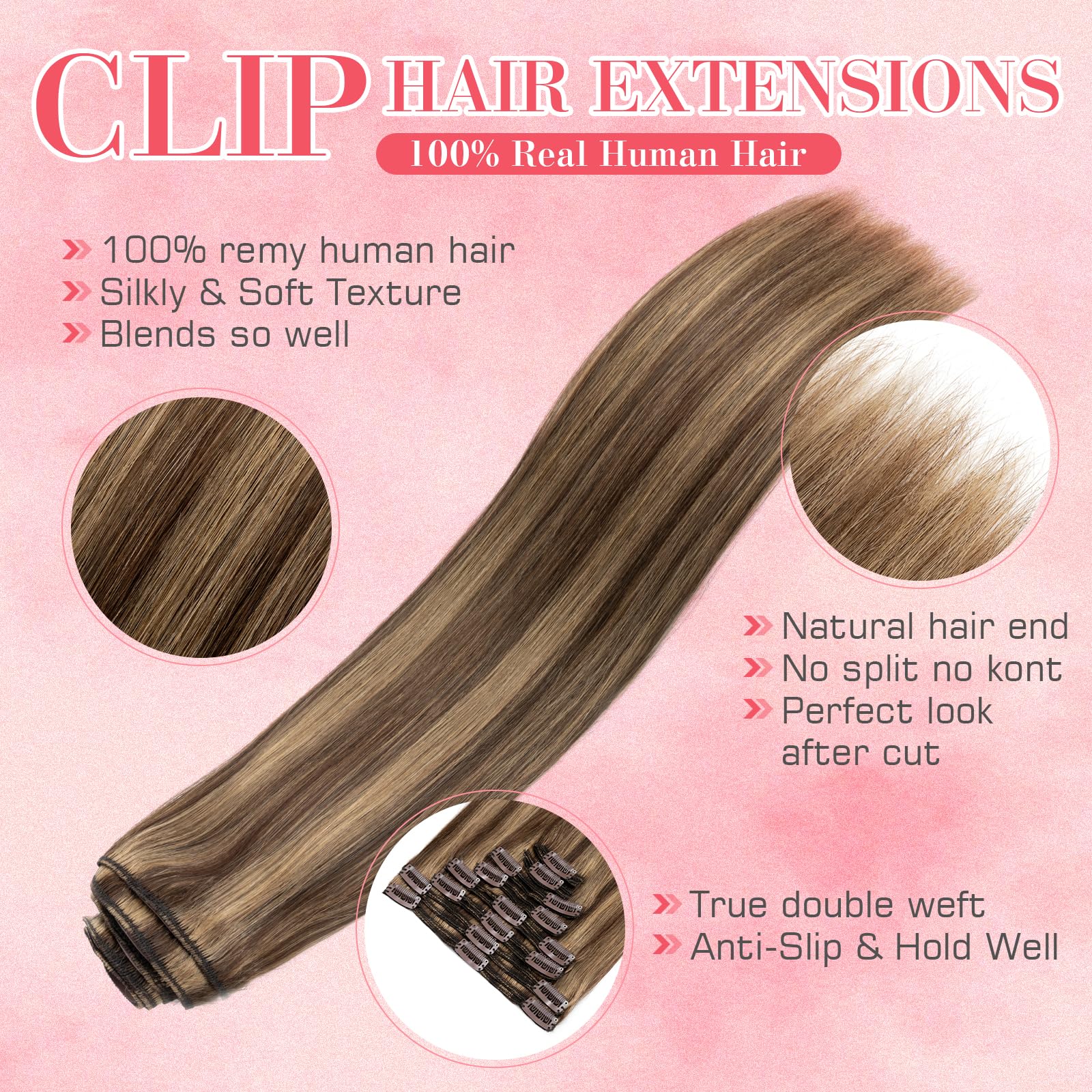 18 Inch Clip in Human Hair Extensions - 8pcs 140g Double Weft Real Human Hair in Medium Brown/Dark Blonde Balayage (#4P27) for Volume & Length - Perfect for Parties, Weddings & Daily Styling
