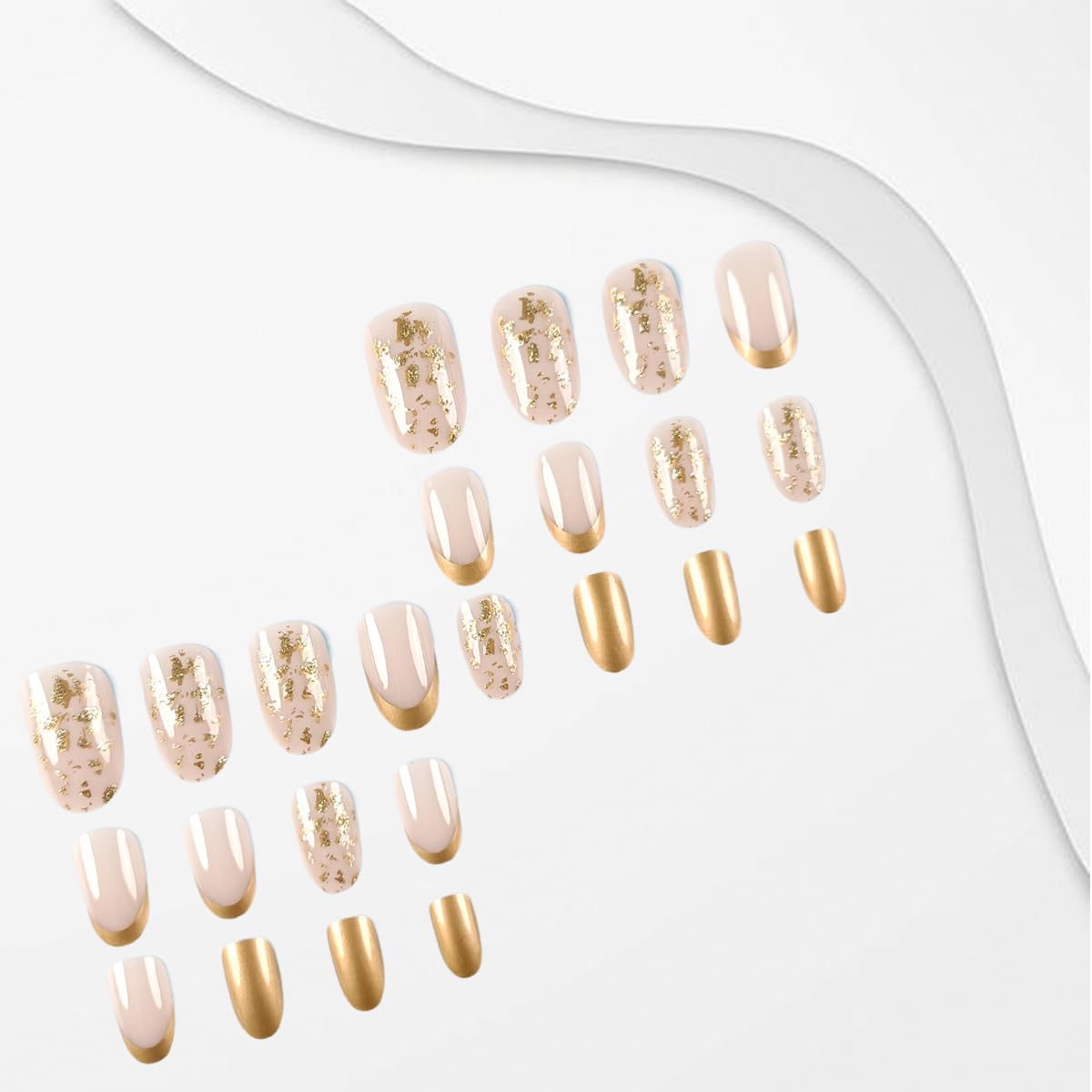 24pcs Gold French Tip Press on Nails - Medium Almond Fake Nails with Glitter | Full Cover Glue on Artificial Nails for Women | Perfect for Parties, Weddings & Daily Nail Art Decorations