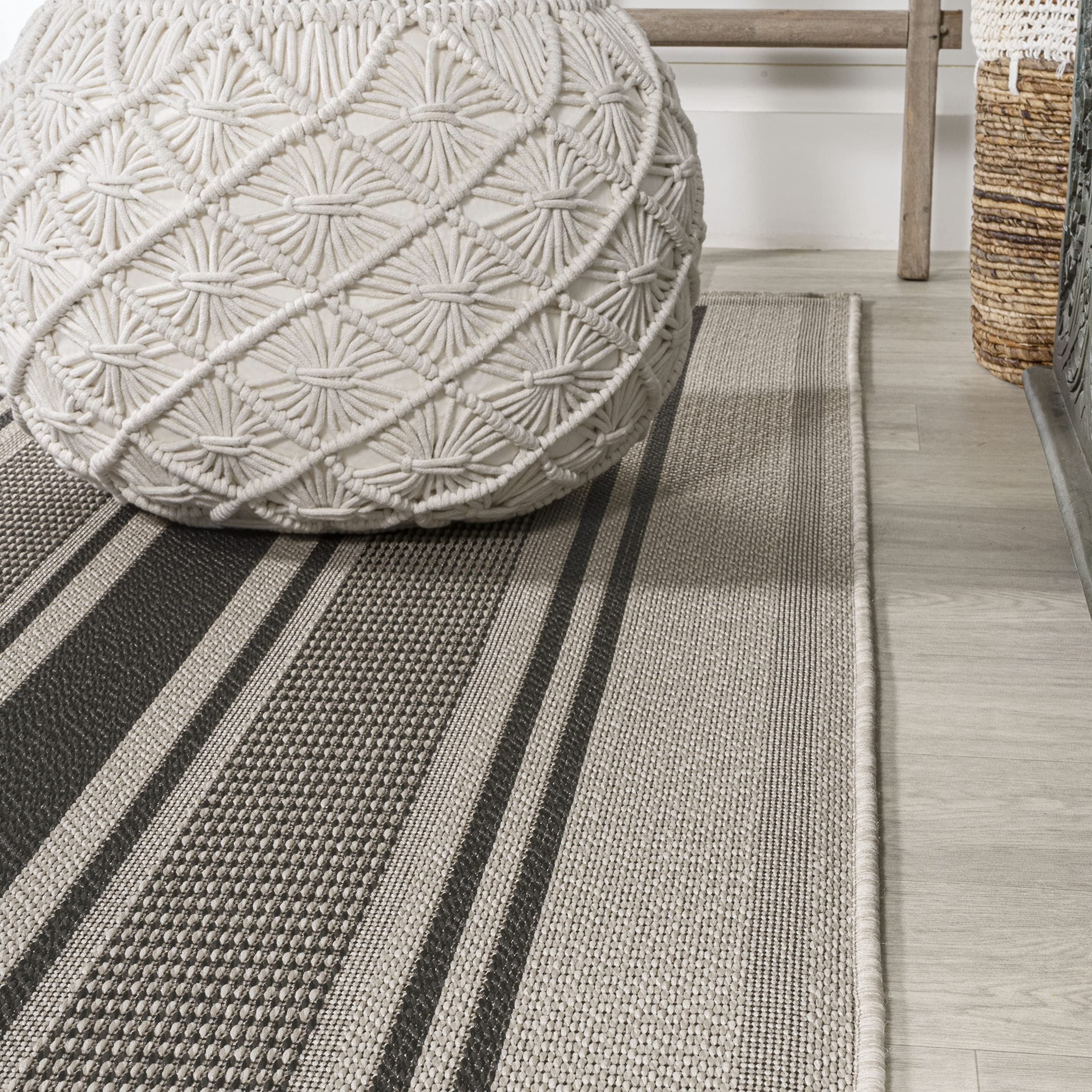 JONATHAN Y SMB202D-8 Modern Double Stripe Indoor/Outdoor Area Rug - Rustic Farmhouse Design, Easy to Clean, Non-Shedding, Black/Beige, 8' x 10' - Perfect for Bedroom, Kitchen, Backyard & Patio Decor