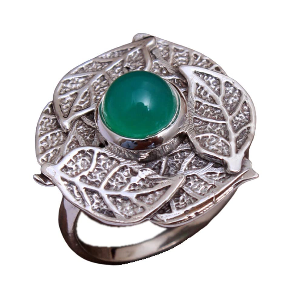 Green Onyx 925 Sterling Silver Rings for Women - Elegant Round Gemstone Bridesmaid Rings with Bezel Setting, Handmade Leaf Design Jewelry | Perfect for Weddings, Parties & Everyday Wear