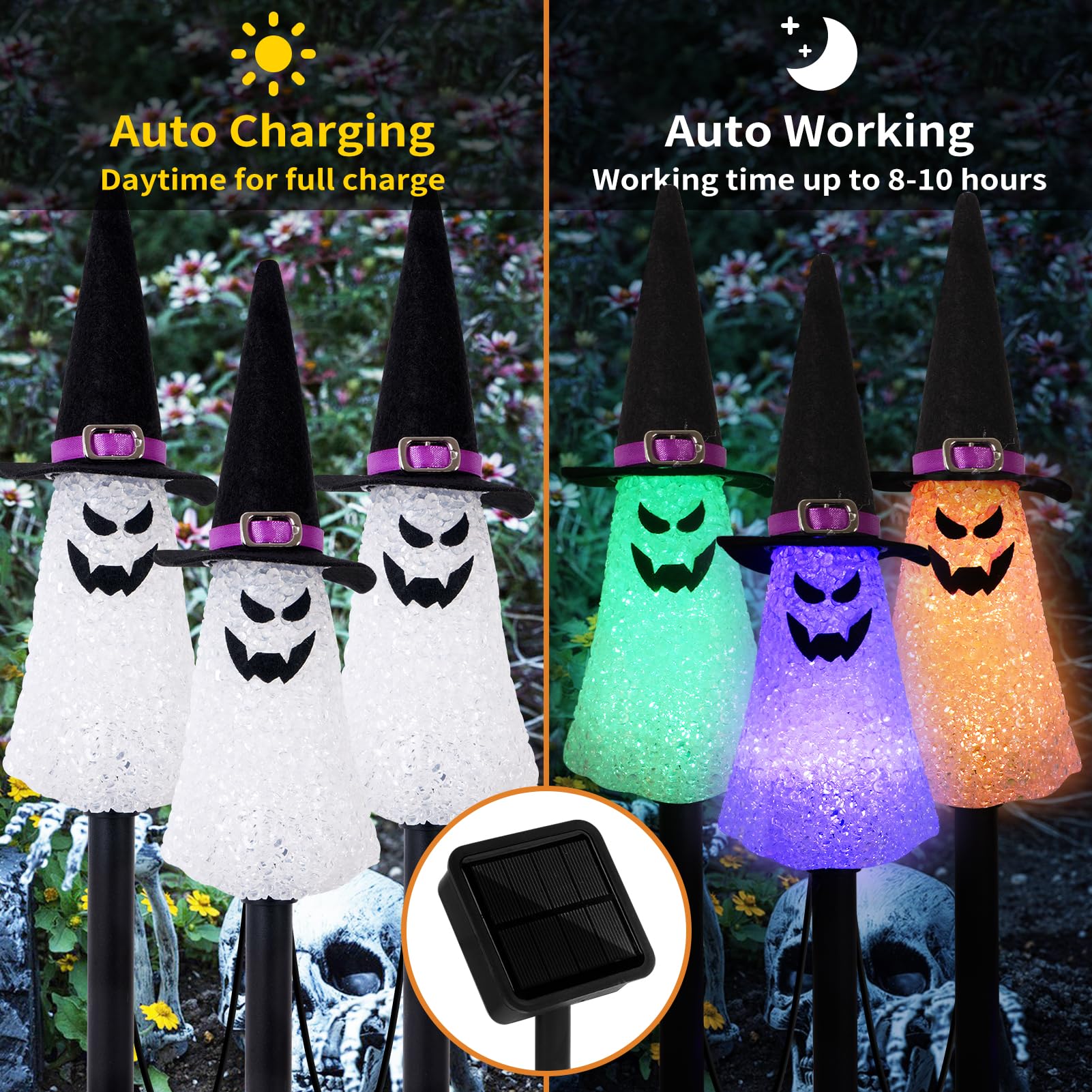 LIGHTSHINE 3PCS Solar-Powered Ghost Halloween Decorations - Orange Purple Green Pathway & Garden Stake Lights for Outdoor Yard, Patio, Porch | Spooky Halloween Party & Nighttime Landscape Lighting