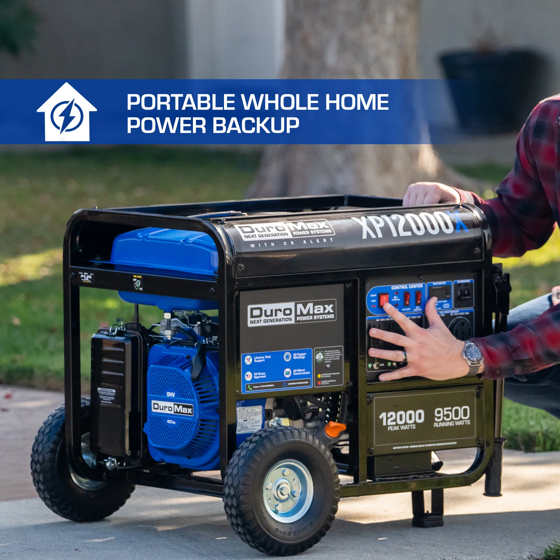 DuroMax XP12000X 9500W/12000W Dual Fuel Portable Generator with Electric Start & CO Alert - Power Outages, Camping, RV, Job Sites, Emergency Backup