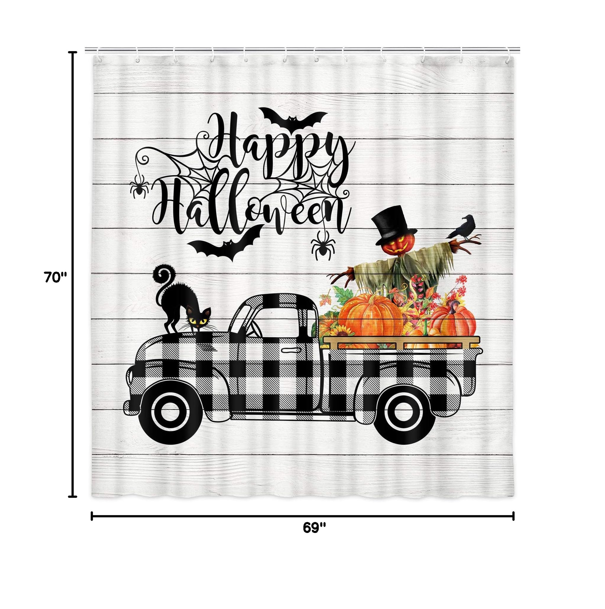 Halloween Shower Curtain - Black Cat & Buffalo Plaid Design with Pumpkin & Sunflower Patterns, Rustic Wooden Look for Autumn & Thanksgiving Decor (70 inches) - Perfect for Farmhouse Bathroom, Fall Themed Decorations and Seasonal Home Styling