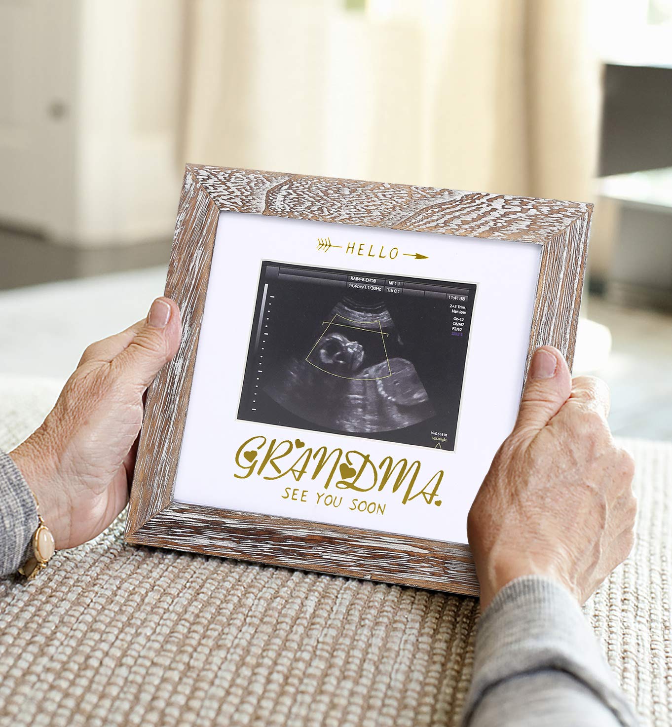 Grandma Sonogram Picture Frame - Baby Announcement Gift for Expecting Grandmothers - Pregnancy Keepsake with 'Hello Grandma See You Soon' Engraving in Weathered White - Perfect for Baby Showers, Gender Reveals & Nursery Decor