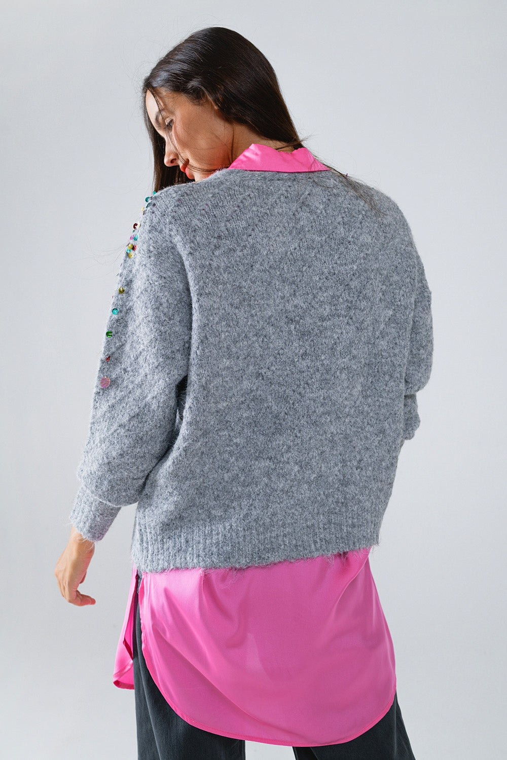 Sparkly Embroidered V-Neck Cardigan - Women's Gray Multicolor Sequin Sweater for Parties, Date Nights & Holiday Outfits