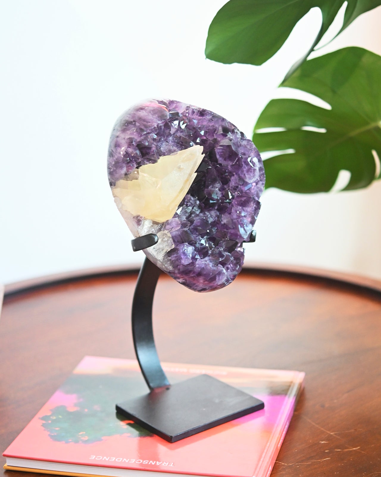 Natural Amethyst with Calcite Geode on Wooden Stand - 8.8 lbs Healing Crystal for Home Decor, Meditation & Spiritual Gifts | Perfect for Living Room, Office & Yoga Space