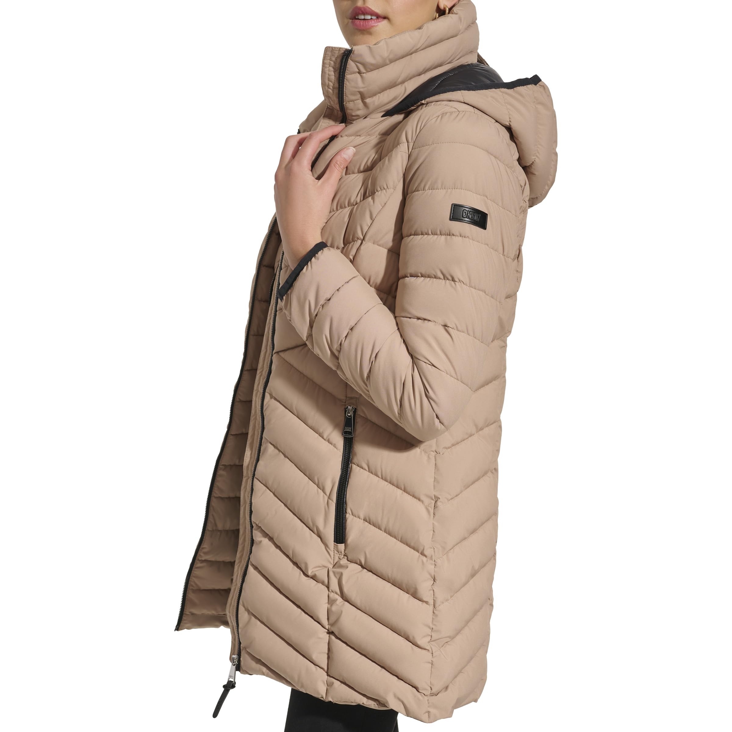 DKNY Women's Lightweight Puffer Jacket with Bib-Front Design - Stylish Winter Coat for Casual Outings & Outdoor Activities