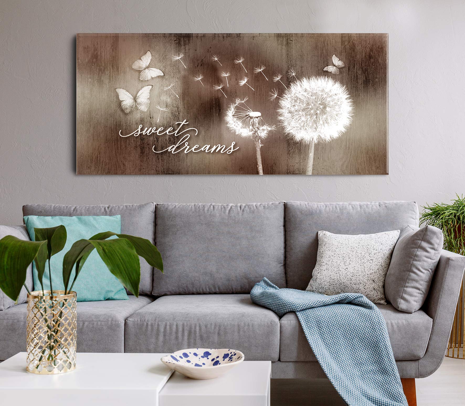 Sweet Dreams Dandelion Wall Art - Large 42x19 Brown Canvas Painting for Master Bedroom Decor, Above Bed Wall Decor, Boho Home Decor, Perfect for Bedroom & Nursery Wall Art | Wall Signs for Bedroom & Living Room