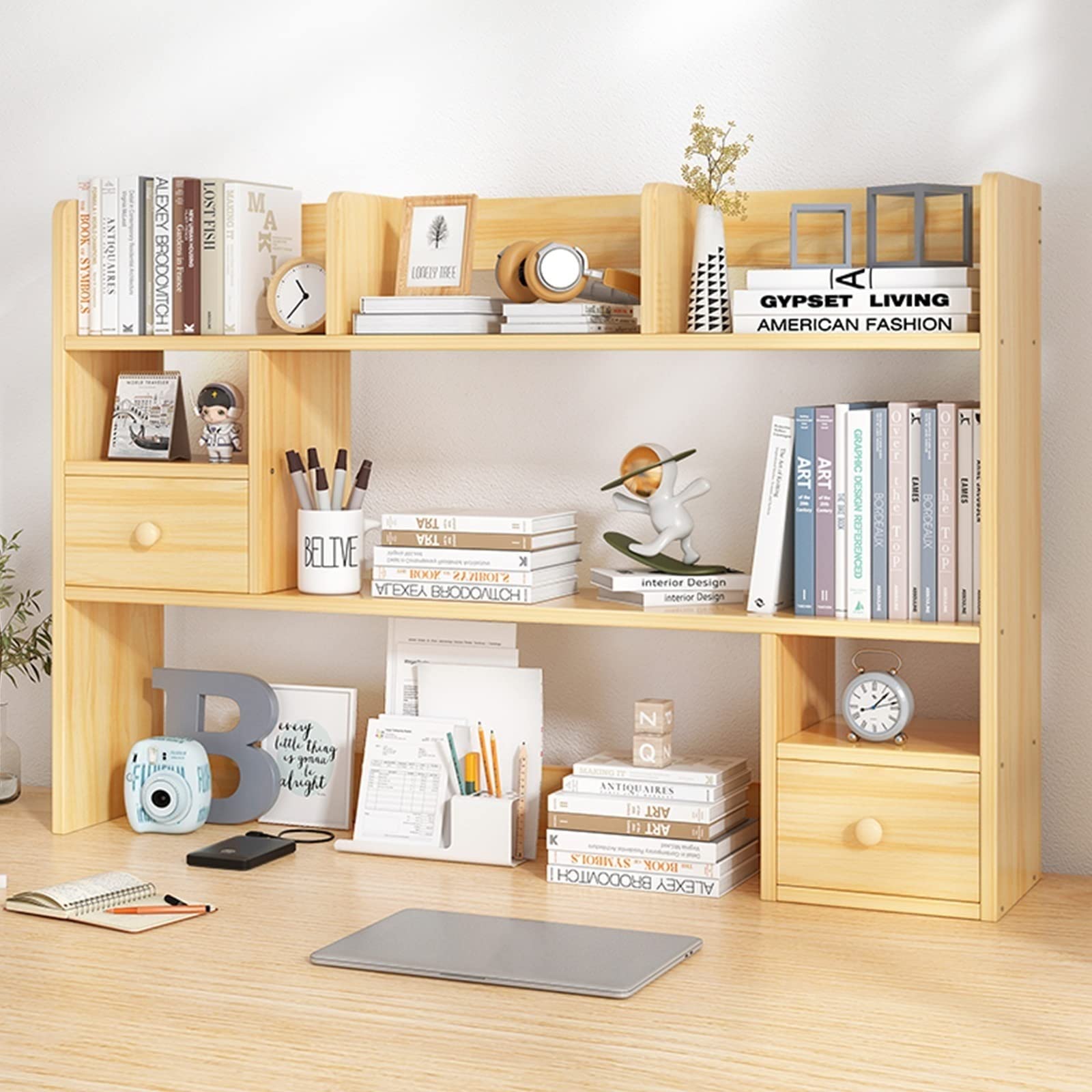 Wooden Desktop Bookshelf Organizer with 2 Drawers - Space Saving Desk Shelf Stand for Office, Study & Dorm | Magazine File Holder, Computer Desk Storage Rack | Writing Box Organizer (100x17x80cm) - Perfect for Small Spaces & Home Office Organization