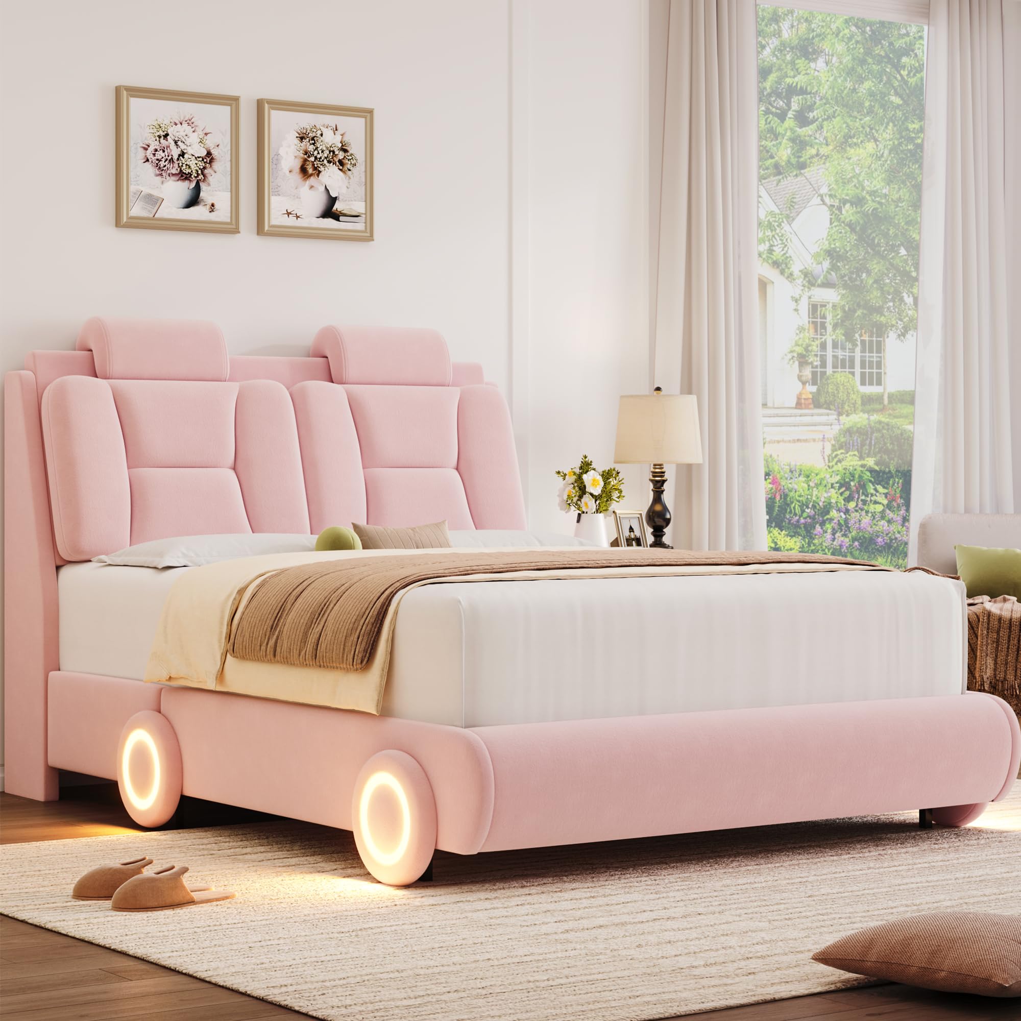 Modern Full Upholstered LED Car-Shaped Platform Bed Frame with Adjustable Curved Headboard & Wheels - Velvet Pink - Solid Wood Slat Support (No Box Spring Needed) - Perfect for Kids' Rooms, Teen Bedrooms & Themed Decor