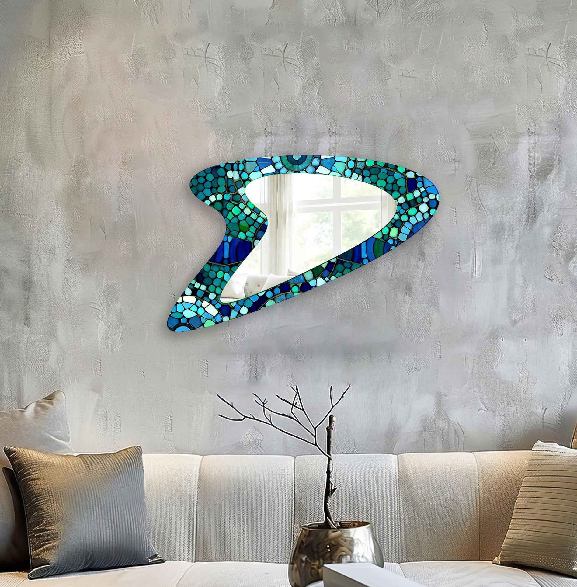 Blue & Green Decorative Mosaic Wall Mirror - Handcrafted Boho Style Bathroom & Bedroom Decor - Perfect for Vanity, Entryway & Living Room Accent Wall