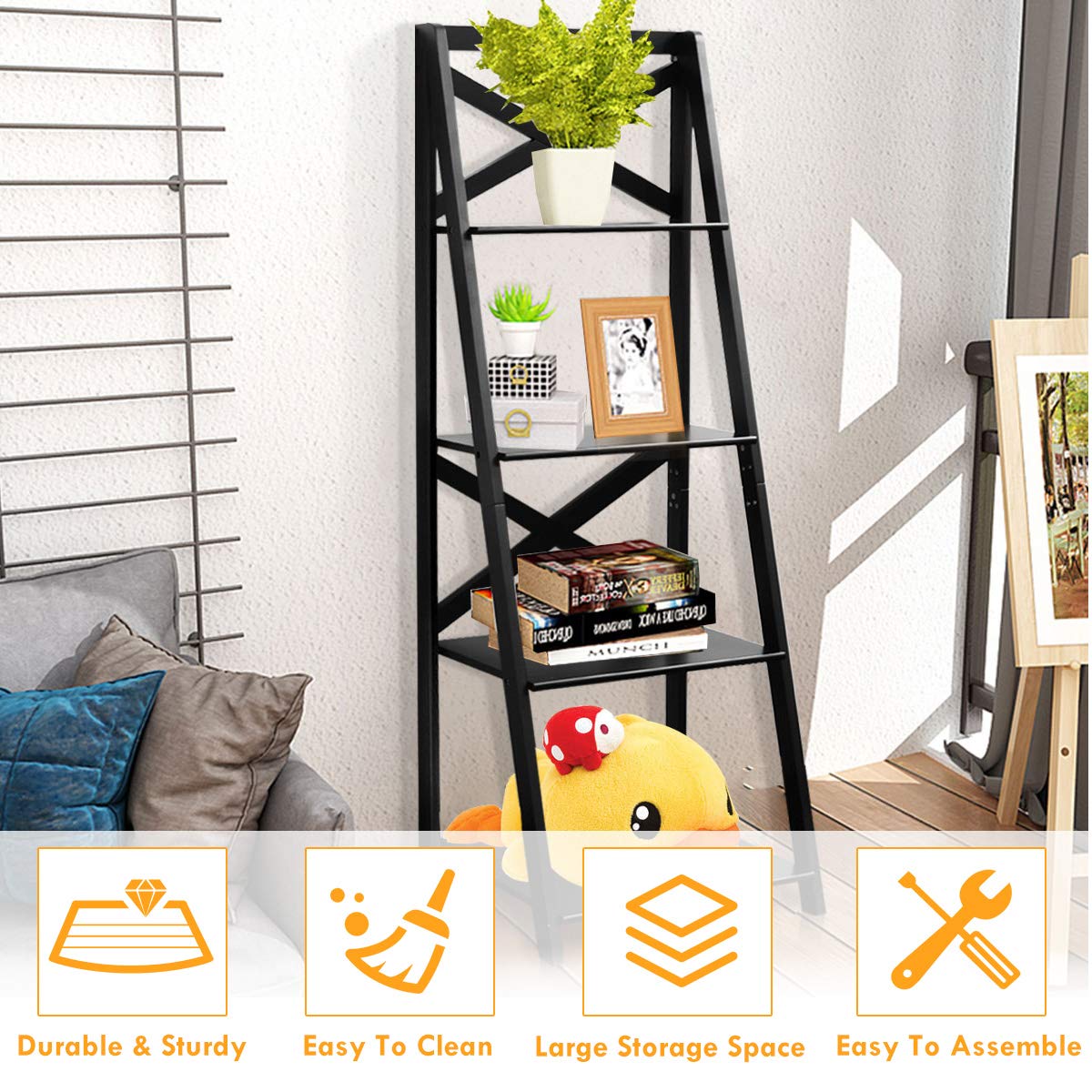 Tangkula 4-Tier Ladder Shelf Bookcase Set of 2 - Free Standing Wooden Leaning Bookshelf for Home & Office - Storage Shelf for Books, Plants, Flowers & Decor - Perfect for Living Room, Bedroom & Workspace Organization