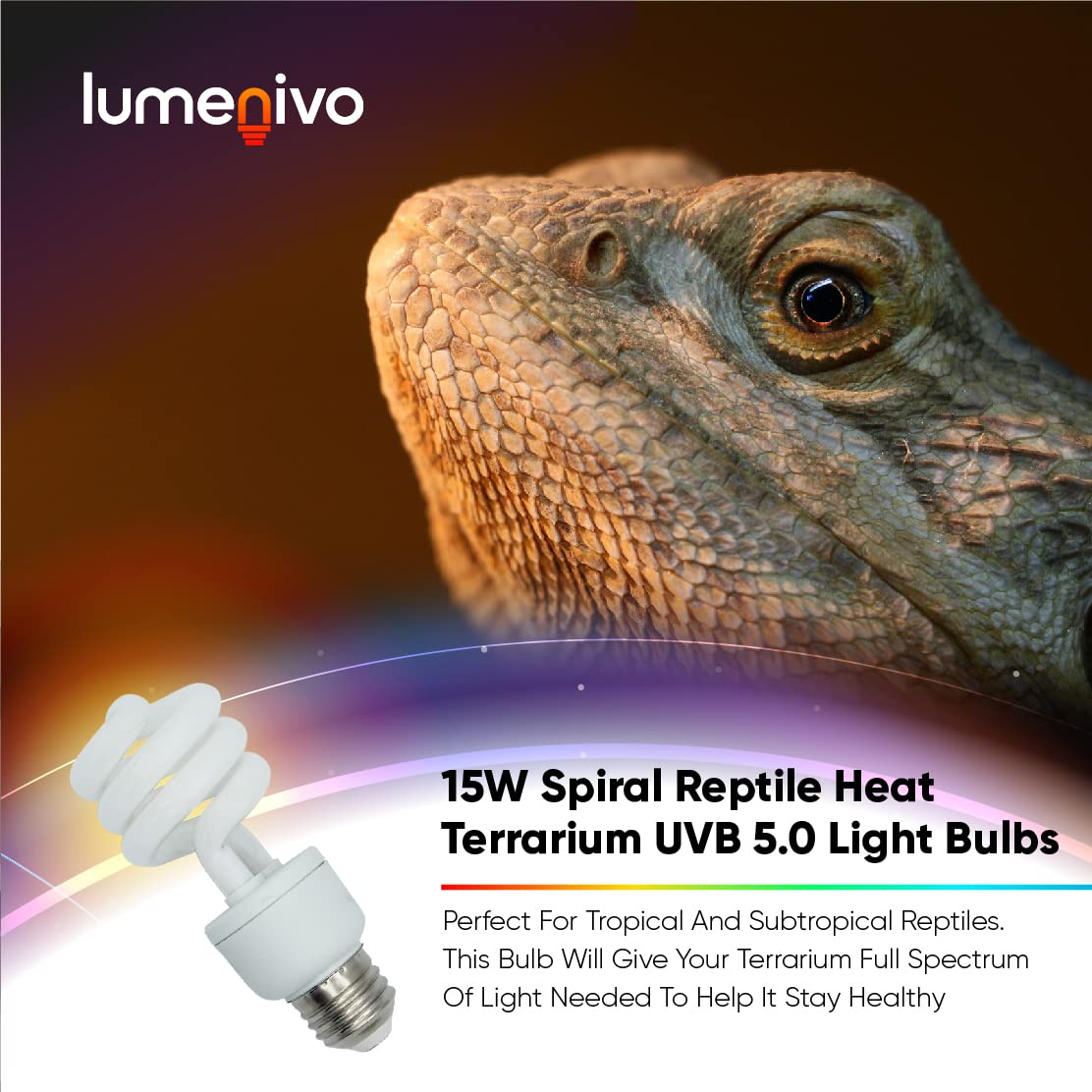 Lumenivo 15W UVB Reptile Light Bulb 5.0 - Spiral Heat Lamp for Terrariums - Ideal for Turtles, Geckos, Tortoises, Snakes, Lizards & Chameleons - 120V - 2 Pack - Perfect for Reptile Habitat Lighting & Vitamin D3 Synthesis