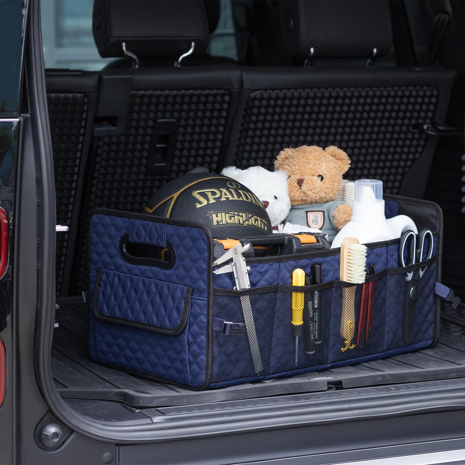 JiatuA Collapsible Car Trunk Organizer for SUV - Multi-Compartment Storage Container Box with Adjustable Dividers - Car Accessories for Women & Men (Dark Blue) - Perfect for Road Trips, Grocery Shopping & Family Outings
