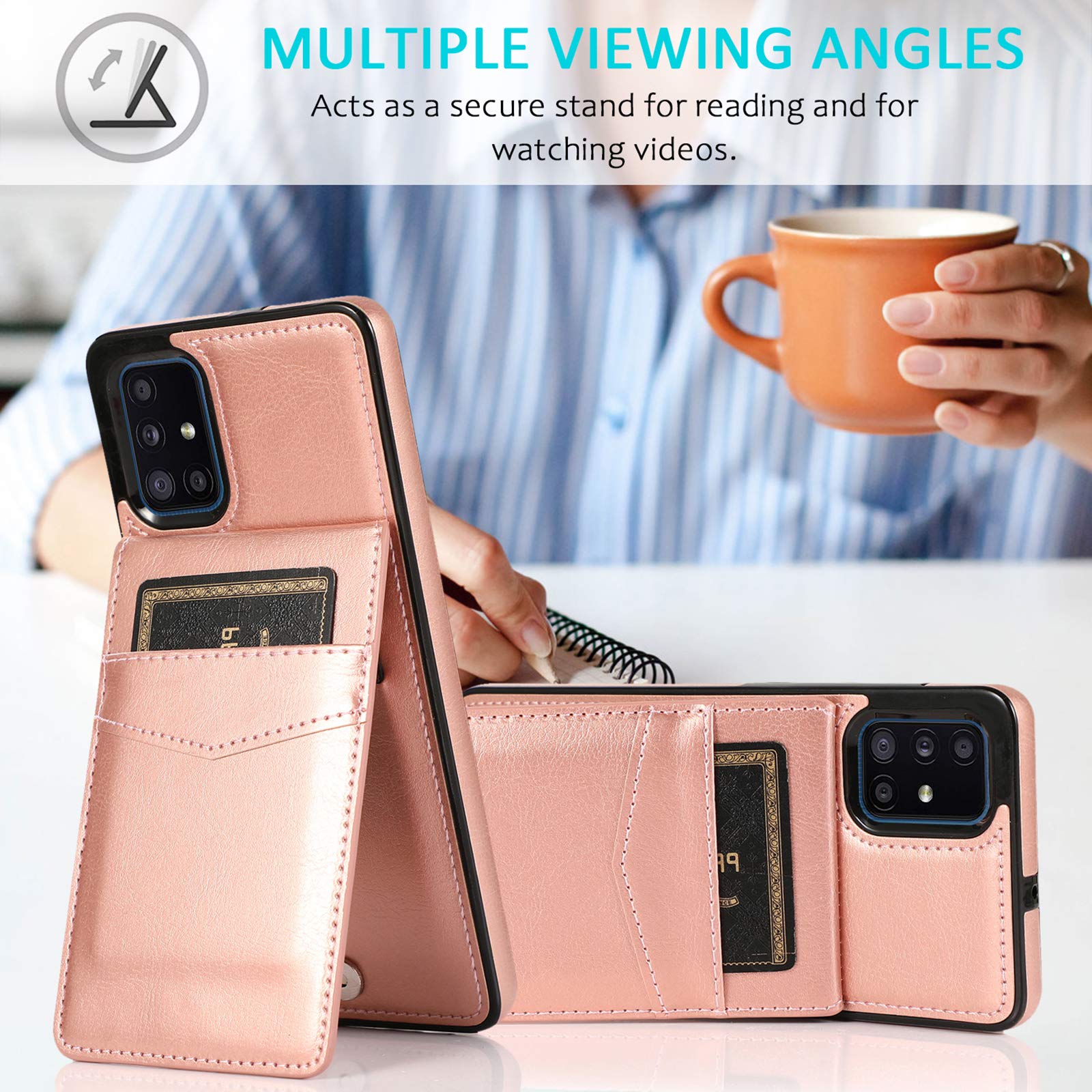 Samsung Galaxy A51 4G Phone Case with Tempered Glass Screen Protector - Wallet Cover with Credit Card Holder & Stand | Premium Leather Case for Galaxy A51/A515F/M40S (Rose Gold) - Perfect for Women's Everyday Use, Work & Travel Accessories