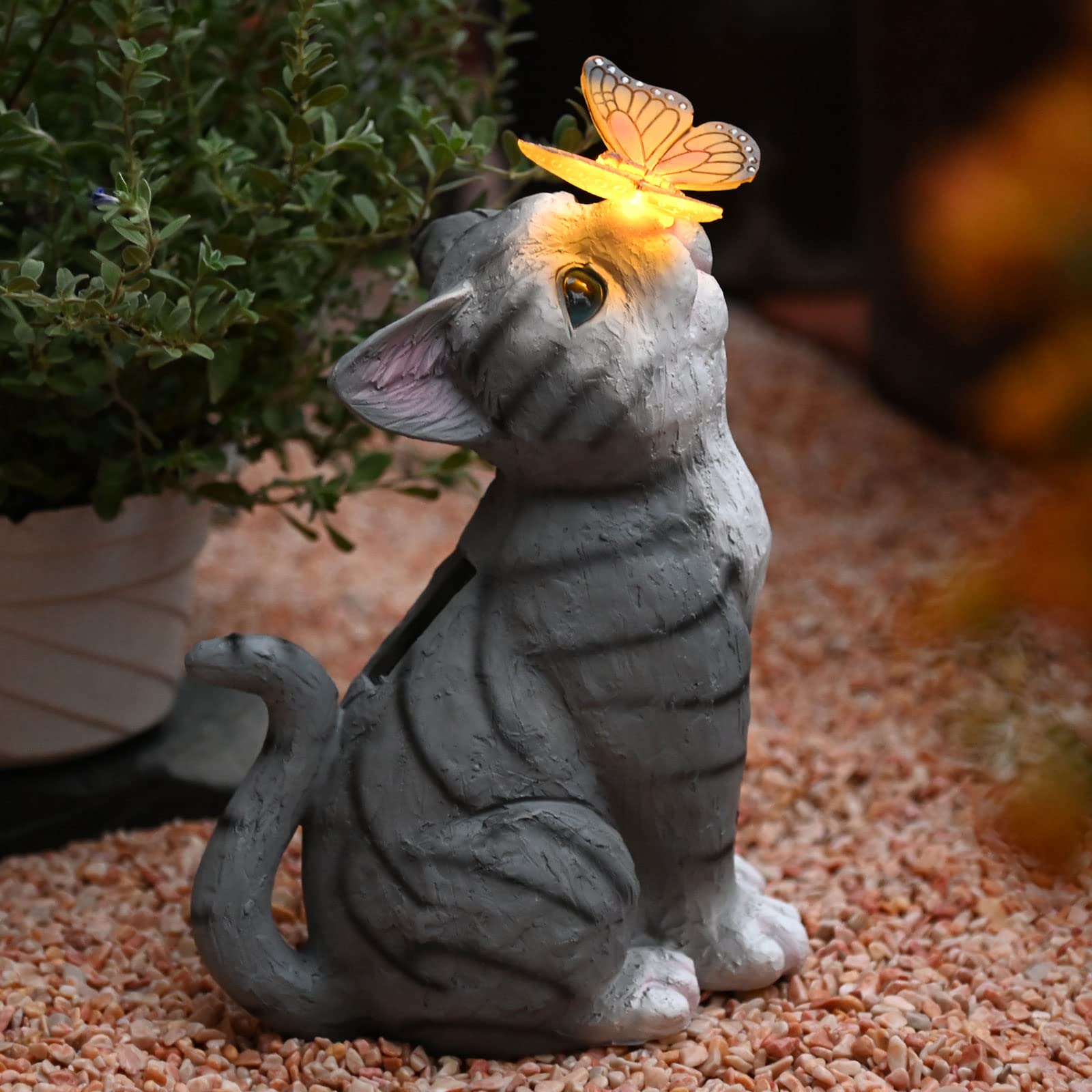 Solar-Powered LED Cat Garden Figurine - Weatherproof Outdoor Decor for Patio, Lawn & Yard - Unique Housewarming Gift (Grey) | Perfect for Garden Pathways, Flower Beds & Nighttime Ambiance
