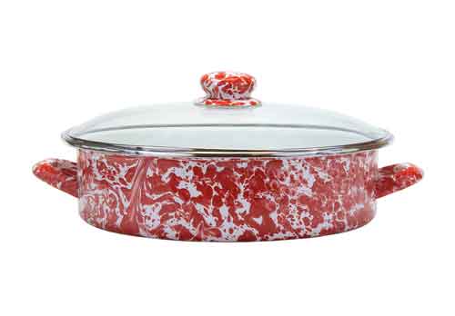 5 Quart Red Swirl Enamelware Saute Pan - Nonstick Cooking Skillet for Sauteing, Frying & Simmering - Perfect for Stovetop, Oven & Serving Dishes