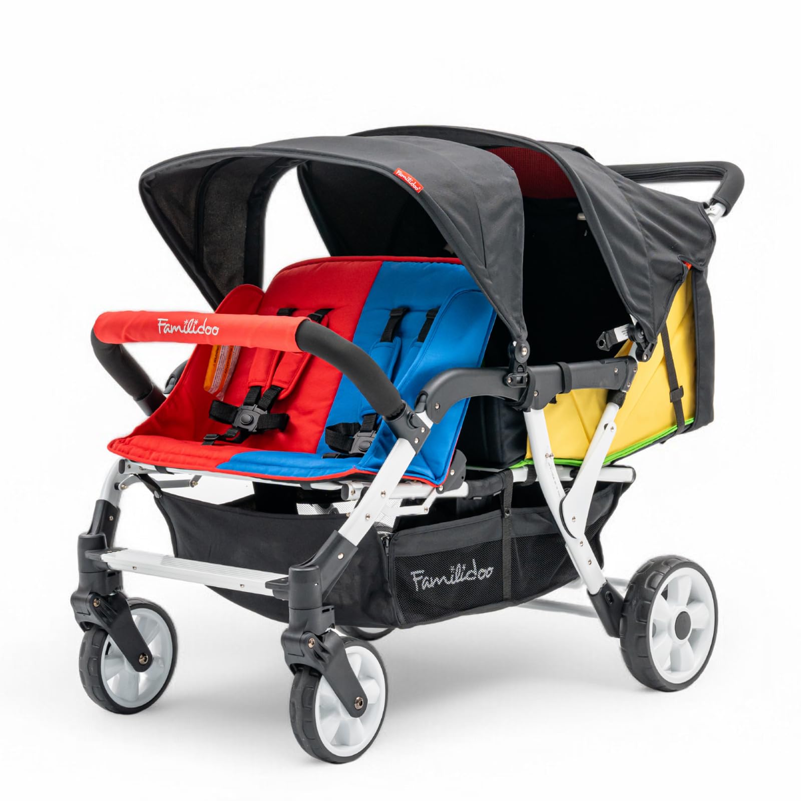 Familidoo H4E 4-Seater Quad Stroller with Double Canopy & Rain Cover - All Reclining Seats with 5-Point Safety Harness - Backseat Footrest Extension for Infants 0-36 Months - Perfect for Large Families, Twins, or Daycare Use