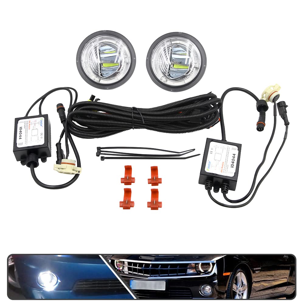 2Pcs White Halo LED Fog Lights with Clear Lens - Daytime Running Lights (DRL) & Driving Lights for Chevy Camaro 2010-2013 Models - Perfect for Night Driving & Enhanced Visibility in Foggy Conditions