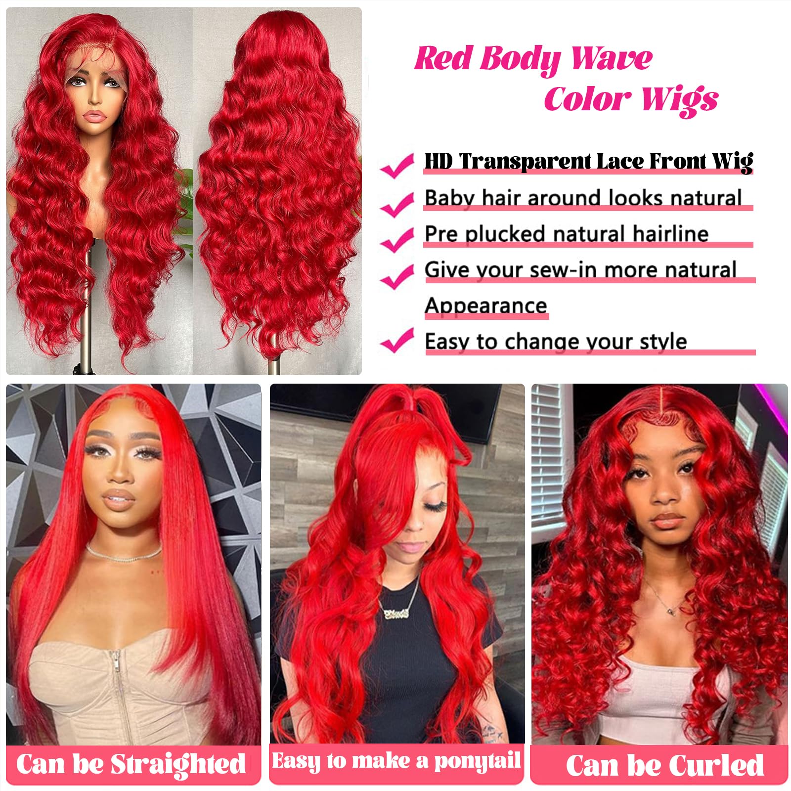 **Hot Red 13x4 HD Transparent Lace Front Wig - 180% Density Human Hair Body Wave Pre-Plucked with Colored Frontal - Perfect for Cosplay, Halloween, and Bold Fashion Looks**