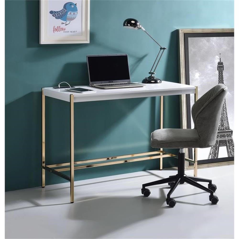 Acme Midriaks White and Gold Wooden Writing Desk with USB Port - Perfect for Home Office, Study Room & Small Spaces
