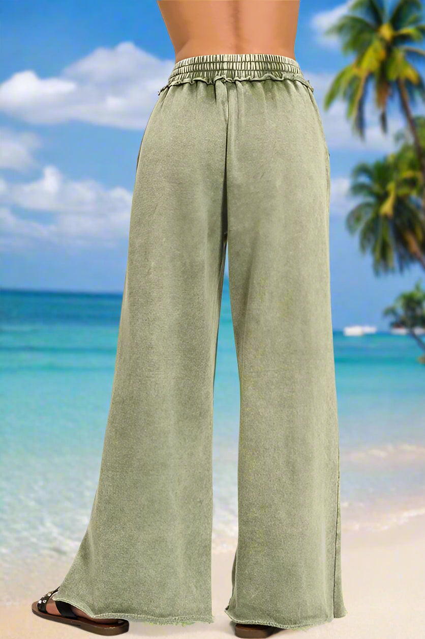 Full Size Acid Wash Olive Fleece Palazzo Sweatpants with Pockets - Women's Comfortable Lounge Pants for Yoga, Travel & Casual Wear