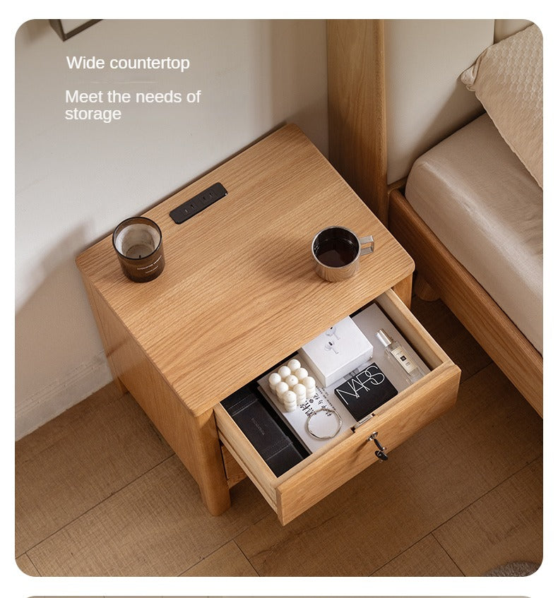 Solid Oak Wood Nightstand with Locking Drawer - Stylish and Durable Bedside Table for Bedroom, Living Room, or Guest Room