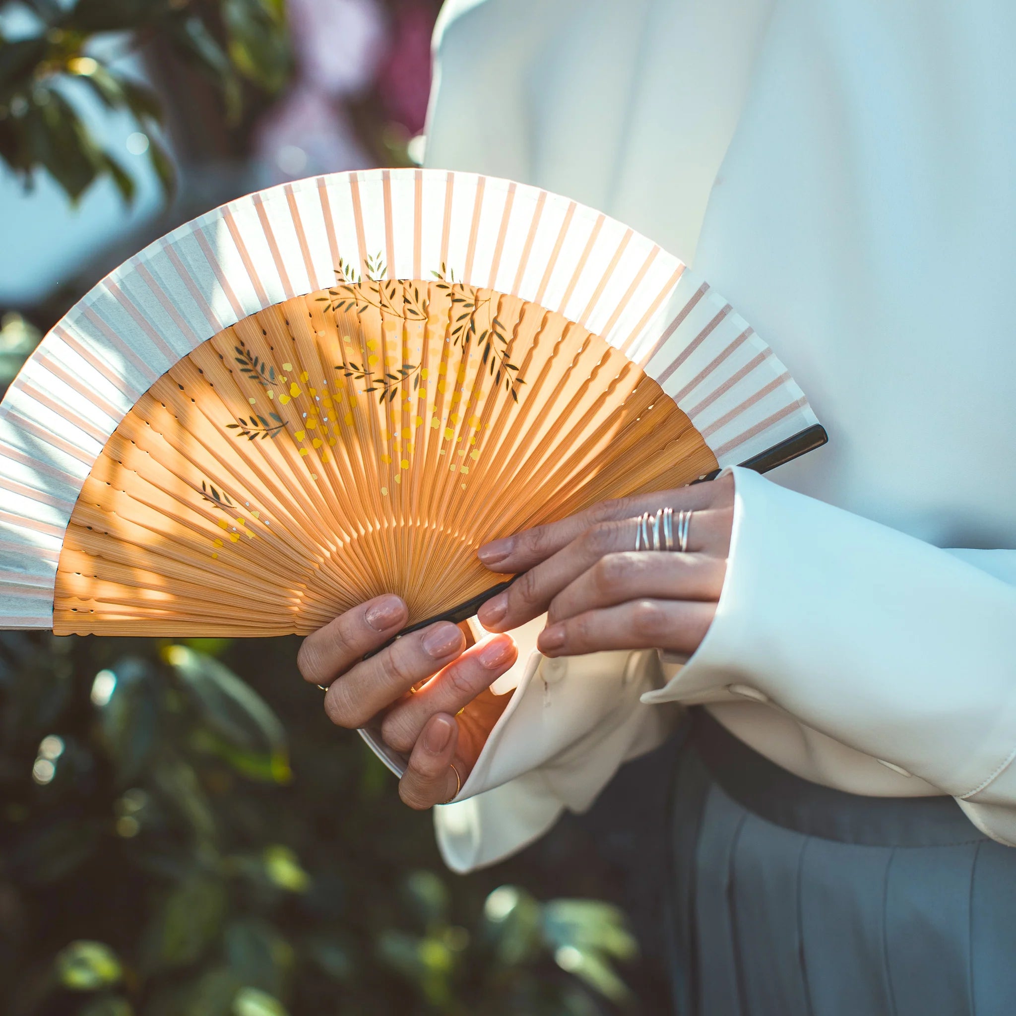 Japanese Sensu Folding Fan for Women - Elegant Mimosa Design Hand Fan for Summer, Travel, and Traditional Events