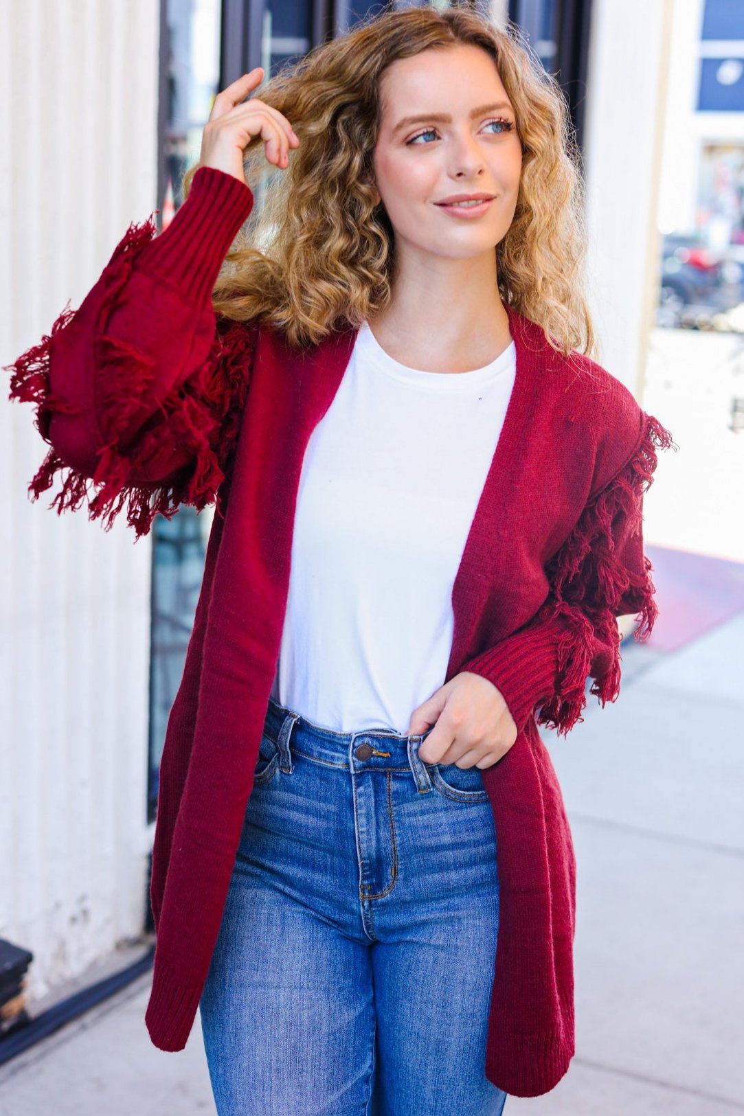 Stylish Burgundy Fringe Detail Knit Cardigan for Women | Elegant Open Front Sweater | Perfect for Fall Outfits, Date Nights & Office Wear